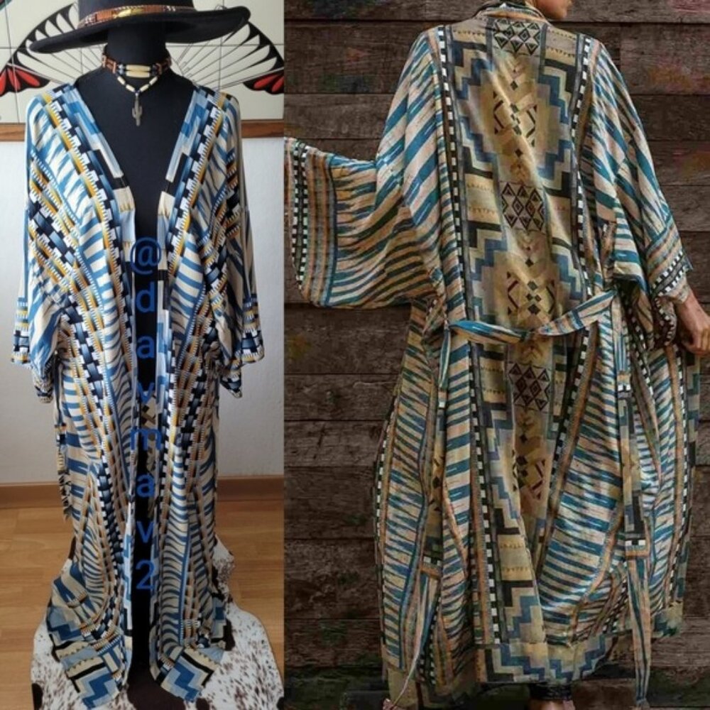 Unbranded Duster Kimono Women OS Turquoise Southwestern Boho Western Chiffon